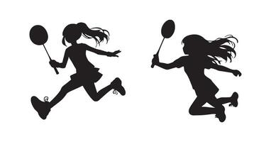 Mädchen spielen Badminton schwarz Vektor Silhouette Illustration weiblich Platter mit Schläger Weiß Hintergrund