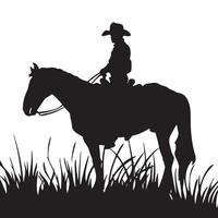 cowboy på häst Sammanträde innehav lariat svart vektor silhuett illustration, gräs, vit bakgrund