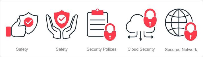 ein einstellen von 5 Sicherheit Symbole wie Sicherheit, Sicherheit Politik, Wolke Sicherheit vektor