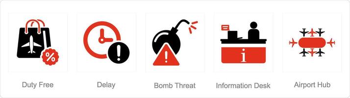 ein einstellen von 5 Flughafen Symbole wie Pflicht frei, Verzögerung, Bombe Drohung vektor