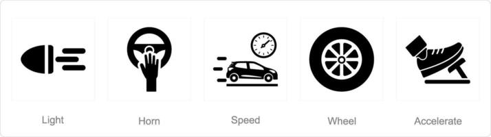 en uppsättning av 5 bil ikoner som ljus, horn, hastighet vektor