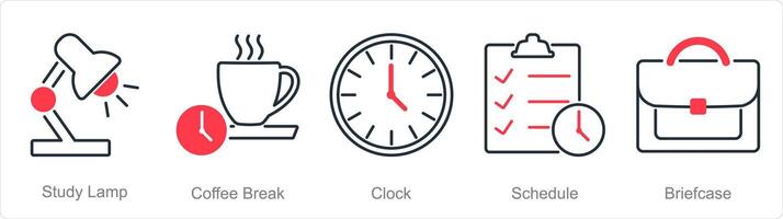 en uppsättning av 5 kontor ikoner som studie lampa, kaffe ha sönder, klocka vektor