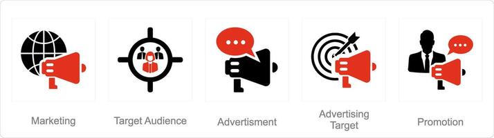 ein einstellen von 5 branding Symbole wie Marketing, Ziel Publikum, Werbung vektor