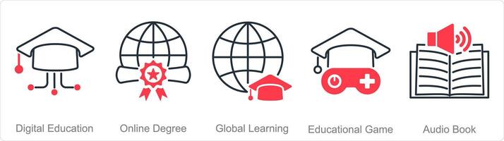 ein einstellen von 5 Online-Bildung Symbole wie Digital Ausbildung, online Grad, global Lernen vektor