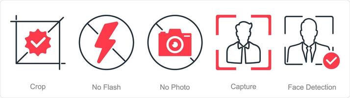 en uppsättning av 5 fotografi ikoner som beskära, Nej blixt, Nej Foto vektor