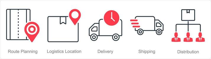 ein einstellen von 5 Logistik Symbole wie Route Planung, Logistik Standort, Lieferung vektor