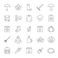 hösten linjära ikoner set. 1 september och 31 oktober. varma kläder, höstrea, löv, paraply, kalender, kratta, rea, regnväder. tunn linje kontursymboler. isolerade vektor kontur illustrationer