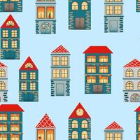 nahtlos Muster mit Hand gezeichnet Stadt. viele süß anders Häuser mit rot Dach auf Blau Hintergrund. Design zum Stoff, Verpackung Papier, Abdeckung, Banner, Poster. vektor