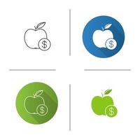 frukt pris ikon. platt design, linjära och färgstilar. äpple med dollartecken. isolerade vektorillustrationer vektor
