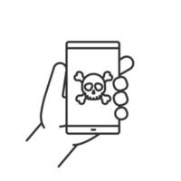 hand som håller smartphone linjär ikon. tunn linje illustration. smart telefon virus kontur symbol. vektor isolerade konturritning