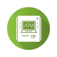 ATM-Maschine flaches Design lange Schatten Glyphe Symbol. Bank-Geldautomat. Vektor-Silhouette-Abbildung vektor