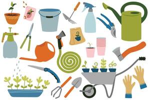 uppsättning av trädgårdsarbete objekt i platt stil. jordbruks och trädgård verktyg för vår arbete. vektor