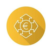 pengar att spendera platt linjär lång skugga ikon. eurovaluta med alla riktningspilar. vidder. vektor kontur symbol