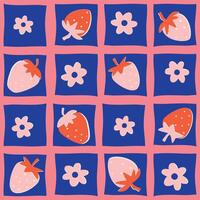 hell Blau Rosa nahtlos Muster mit Erdbeeren und Blumen platziert im Quadrate Vektor Illustration