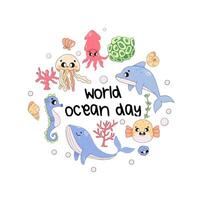 värld hav dag, marin värld, delfin, val, fugu fisk, bläckfisk, sjöhäst. vektor