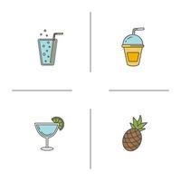 Farbsymbole für erfrischende Getränke gesetzt. Limonade, Cocktails, Ananas. isolierte vektorillustrationen vektor