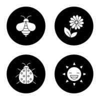 Sommer-Glyphe-Symbole gesetzt. Wespe, Marienkäfer, Blume, lächelnde Sonne. Natur. Vektorgrafiken von weißen Silhouetten in schwarzen Kreisen vektor