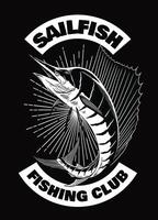 Segelfisch T-Shirt Design Jahrgang im schwarz und Weiß vektor