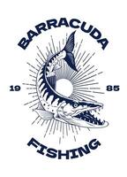 årgång skjorta design av barracuda fiske i svart och vit vektor