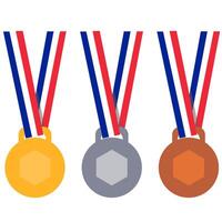uppsättning av gyllene, silver- och brons medaljer med röd, vit och blå band. olimpic och paralympisk spel 2024 vektor