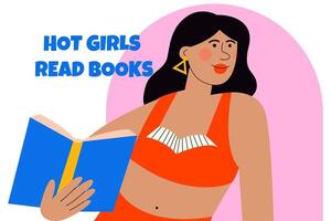 ein Frau im ein Badeanzug ist lesen ein Buch. heiß Mädchen lesen Bücher. lesen Bücher Liebhaber. vektor