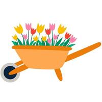 Garten Schubkarre mit Tulpe. Frühling Hand zeichnen Vektor Illustration
