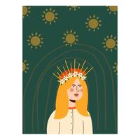 Frau mit Blumen Kranz. Sommer- Sonnenwende. benutzt zum Gruß Karte, und Poster Design. vektor