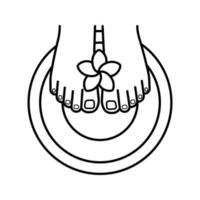 fotvård linjär ikon. tunn linje illustration. kvinnas fötter med plumeria blomma i spa skål. kontur symbol. vektor isolerade konturritning