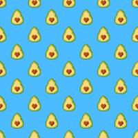 Pixel Avocado mit Samen Herz nahtlos Muster auf Blau Hintergrund Vektor Illustration