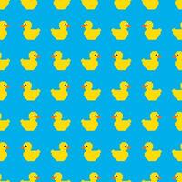 Pixel Gelb Gummi Ente auf Blau Hintergrund nahtlos Muster Vektor Illustration