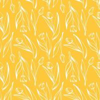 nahtlos Muster mit Frühling und Sommer- Farben. Sketch-Stil Tulpe Muster, handgemalt auf Gelb Hintergrund zum einzigartig Verpackung Designs und Blume Geschäfte. vektor