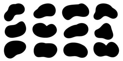 uppsättning av abstrakt formad klistermärken för unik modern mönster. 12 abstrakt strömmande former på vit bakgrund. svart klistermärken för tillsats text, skapande mönster, design och utskrift. vektor
