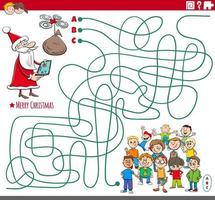 Linien-Labyrinth-Spiel mit Cartoon-Weihnachtsmann und Kindern vektor