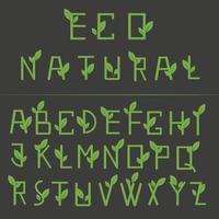 Öko-Naturschrift mit grünen Blättern auf schwarzem Hintergrund. Typografie einfaches Alphabet. Vektor-Illustration vektor