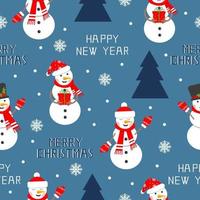 glücklicher Schneemann nahtloses Muster mit Baum, Schneeflocke und Text. Symbol der Weihnachtsferien, flache Vektorillustration vektor