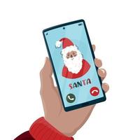 Weihnachtsanruf vom Weihnachtsmann mit Gruß Weihnachten und guten Rutsch ins neue Jahr. Smartphone in der Hand. Weihnachtsmann telefonieren. Vektorgrafik im trendigen flachen Stil für Banner, Websites, Infografiken vektor