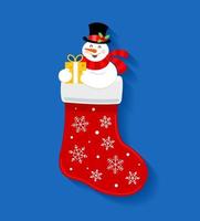 Weihnachtssocke mit einem süßen Schneemann und einem Geschenk. Thema des neuen Jahres. Neujahr. Vektor-Illustration vektor