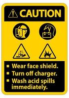 varningsskylt bär ansiktsskydd, stäng av laddaren, tvätta syraspill omedelbart vektor