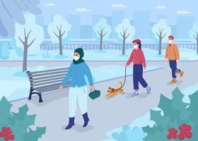 Spaziergang im Winterpark in pandemischer flacher Farbvektorillustration vektor