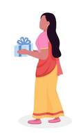 kvinna i sari ger present semi platt färg vektor karaktär