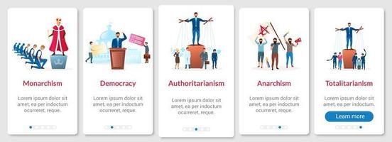 politiska system metaforer onboarding mobil app sida skärm vektor mall. former av regimer. genomgång av webbplatssteg med platta tecken. ux, ui, gui smartphone tecknade gränssnittskoncept