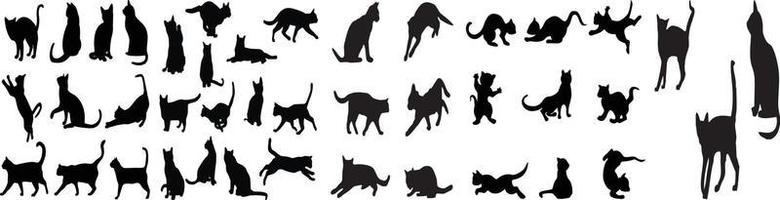 svart katt siluett samlingar, vektor svart katt, promenader svart katt, svart katt i olika poser, isolerad på vit bakgrund.