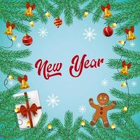 jul och nyår webbbakgrund. realistisk gran tall frodiga träd. presentask, glaskulor och andra semesterelement. vykort, banderoll, affisch, mall för sociala nätverk - vektor