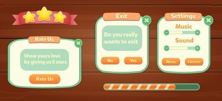 Casual Game-UI-Menü-Popups mit Schaltflächen und Spielelementen vektor