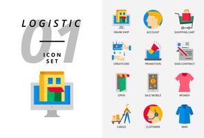 Icon-Pack für E-Commerce, Online-Shop, Konto, Einkaufswagen, Kredit bezahlen, Förderung, Vertragsunterzeichnung, Ladengeschäft, Verkaufsmobile, Frauenstoff, Fracht, Kunde, Mannstoff. vektor