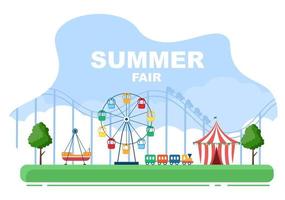 Sommerfest mit Karneval, Zirkus, Kirmes oder Vergnügungspark. Landschaft von Karussells, Achterbahn, Luftballon und Spielplatzvektorillustration