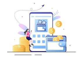 Kryptowährungs-Wallet-App auf dem Handy von Blockchain-Technologie, Bitcoin, Geldmarkt, Altcoins oder Finanzaustausch mit Kreditkarte in flacher Vektorillustration
