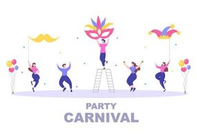 glückliche Karnevalsfeier-Hintergrund-Vektor-Illustration. Volksfest mit bunter Party, Konfetti, Tanz, Musik und bunten Kostümen für Poster vektor