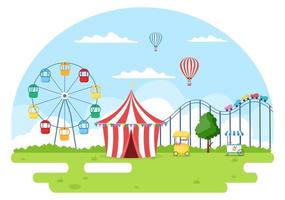 Sommerfest mit Karneval, Zirkus, Kirmes oder Vergnügungspark. Landschaft von Karussells, Achterbahn, Luftballon und Spielplatzvektorillustration vektor