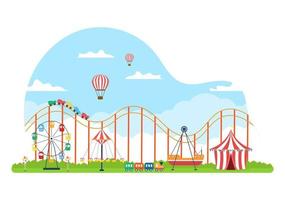 Sommerfest mit Karneval, Zirkus, Kirmes oder Vergnügungspark. Landschaft von Karussells, Achterbahn, Luftballon und Spielplatzvektorillustration vektor